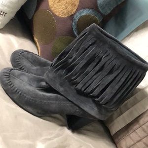 Born fringe gray leather boots